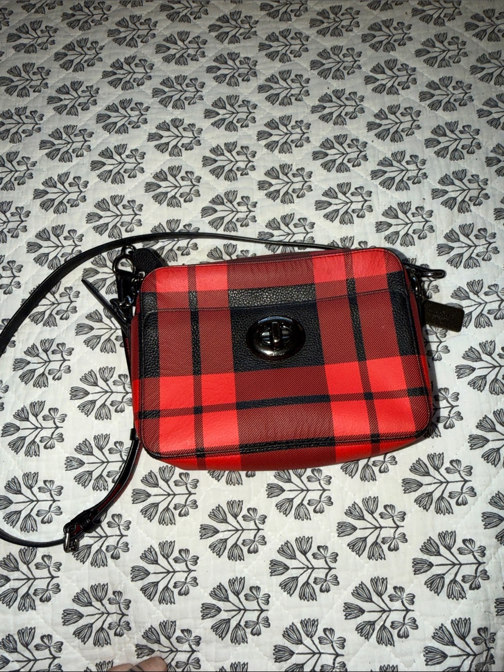 Coach Red and Black Plaid Crossbody Camera Bag